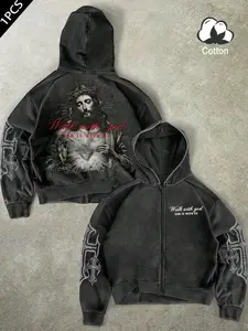 Same design for men and women, Dark-themed Jesus and “Walking with God” slogan print on retro-American-style washed cotton with zipper hoodie, Sweatshirts, Perfect for spring and autumn, Suitable for Christian attire, Ideal for casual, everyday