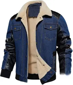 Men's Denim Jacket with Sherpa Fleece Lining, Retro Thermal Biker Trucker Style with PU Leather Patchwork, Jeans