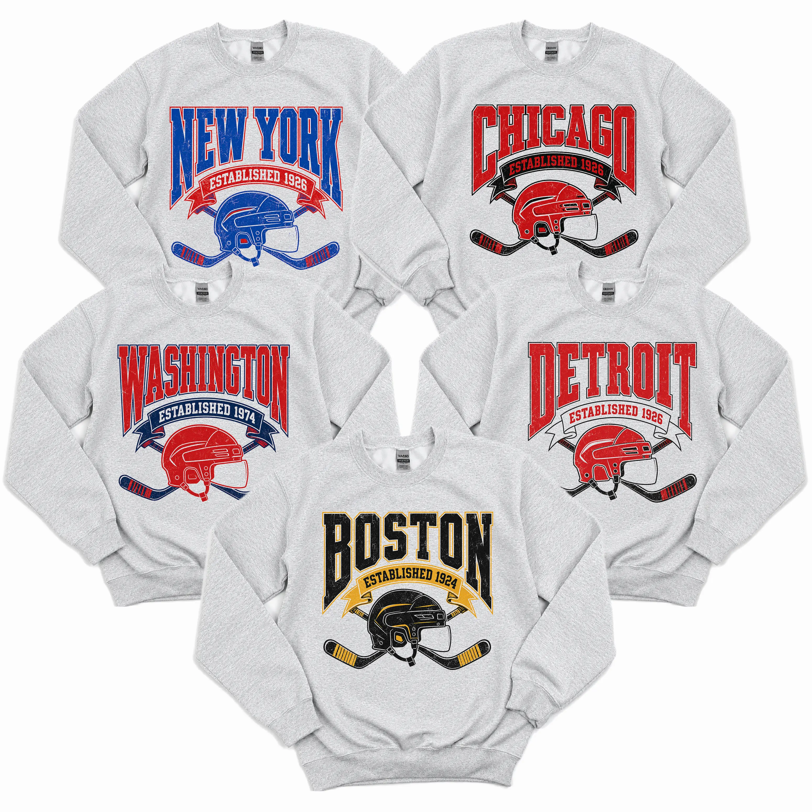 Gildan USA Vintage Hockey Sweatshirt - Unisex Ash Grey Crewneck Sweatshirt for Sport Fans, Vintage Hockey Shirt, 90s Style Classic Cotton
