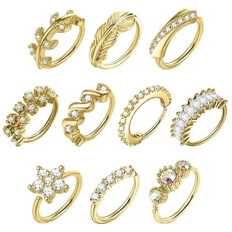 10Pcs 20G Stainless Steel Nose Rings Hoop for Women Men Paved CZ Cute Cartilage Helix Earrings Body Piercing for Nose Ear Gold Silver
