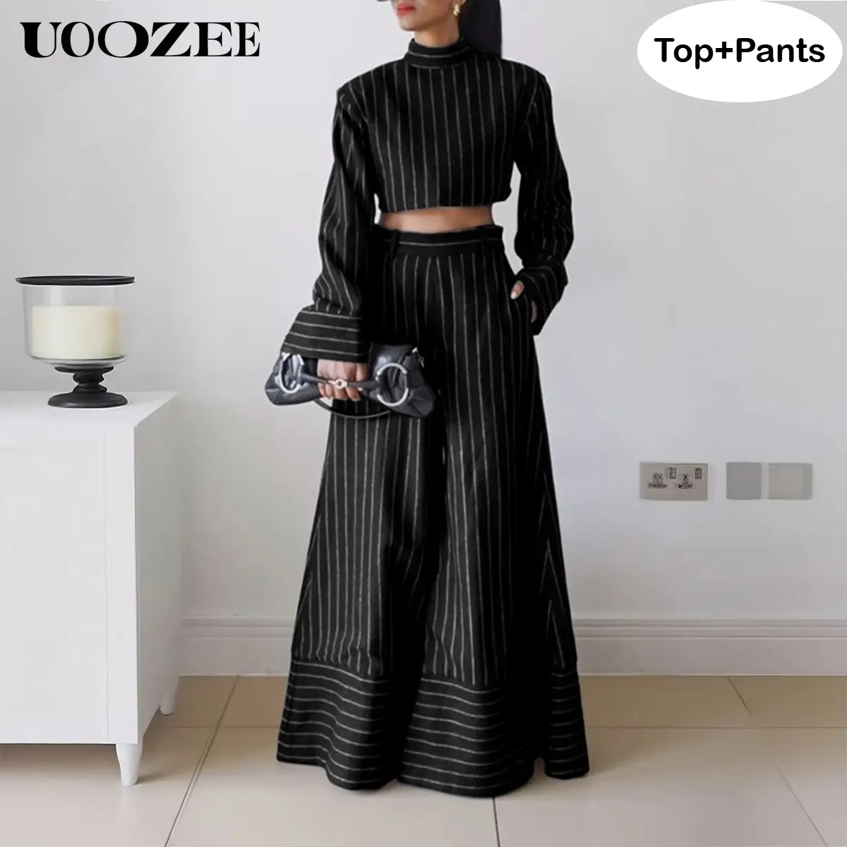 UOOZEE Women's 2-Piece Fitted Slim Striped Suit - High Neck Long Sleeve Back-Zipper Top, Wide Leg Button Pocket Pants, Hoodie-Jumper Vibes, for Spring Autumn Casual Office Wear, Hand/Machine Washable Women's Clothes Set, Matching, Black Set(Top+Pants), Wo