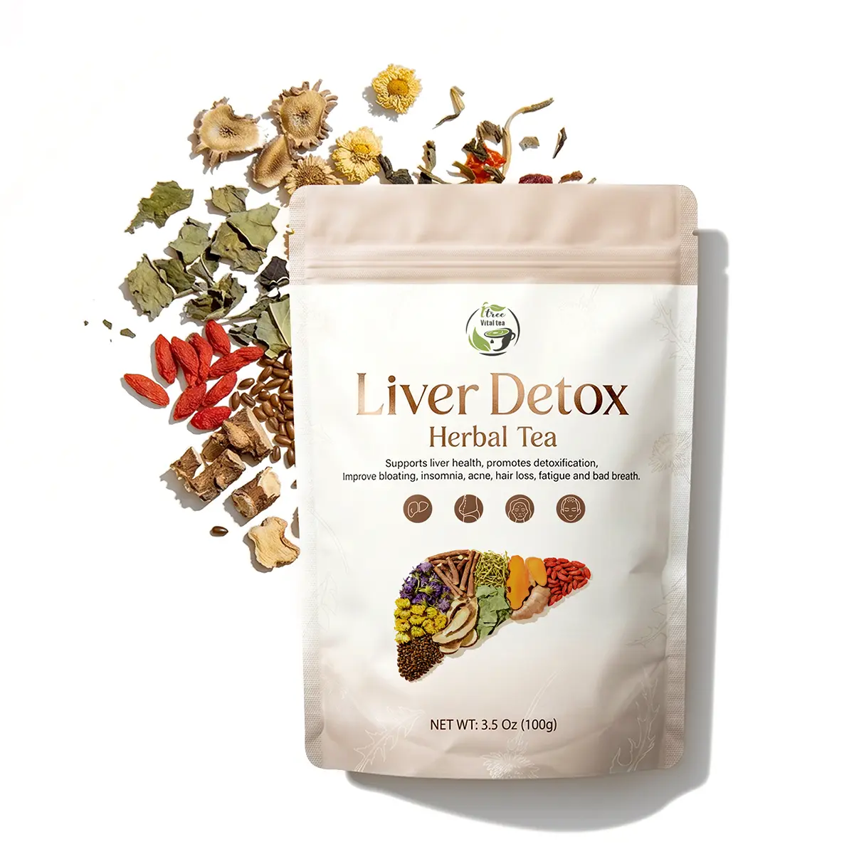 Organic Liver Cleansing Tea - Loose Leaf Liver Support Detox Beverage with Goji Berry, Dandelion, Chrysanthemum, Milk Thistle,  100g/Pack, Caffeine Free, Sugar Free, Tea Bags, for Adults, Back to School, iTREE