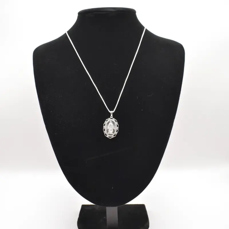 Sterling silver Virgen de Guadalupe Pendant and Chain - Silver with Decorative Design - 20 inch Elegant Chain Style - Traditional Religious Jewelry.