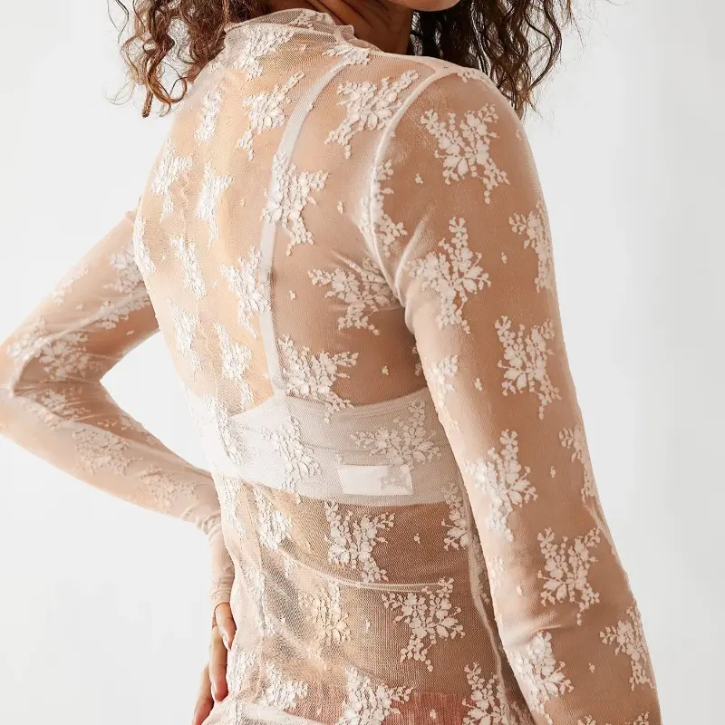 ASPOP Women's lace tops, mesh tops long sleeve lace shirts, sheer mesh high neck lace tops, thumb buckle lace tops