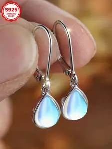 Women's S925 Silver Elegant Water Drop Moonstone Earrings, Fashion Dangle Ear Studs, Hypoallergenic Daily Wear Jewelry Gift, Teardrop Earrings