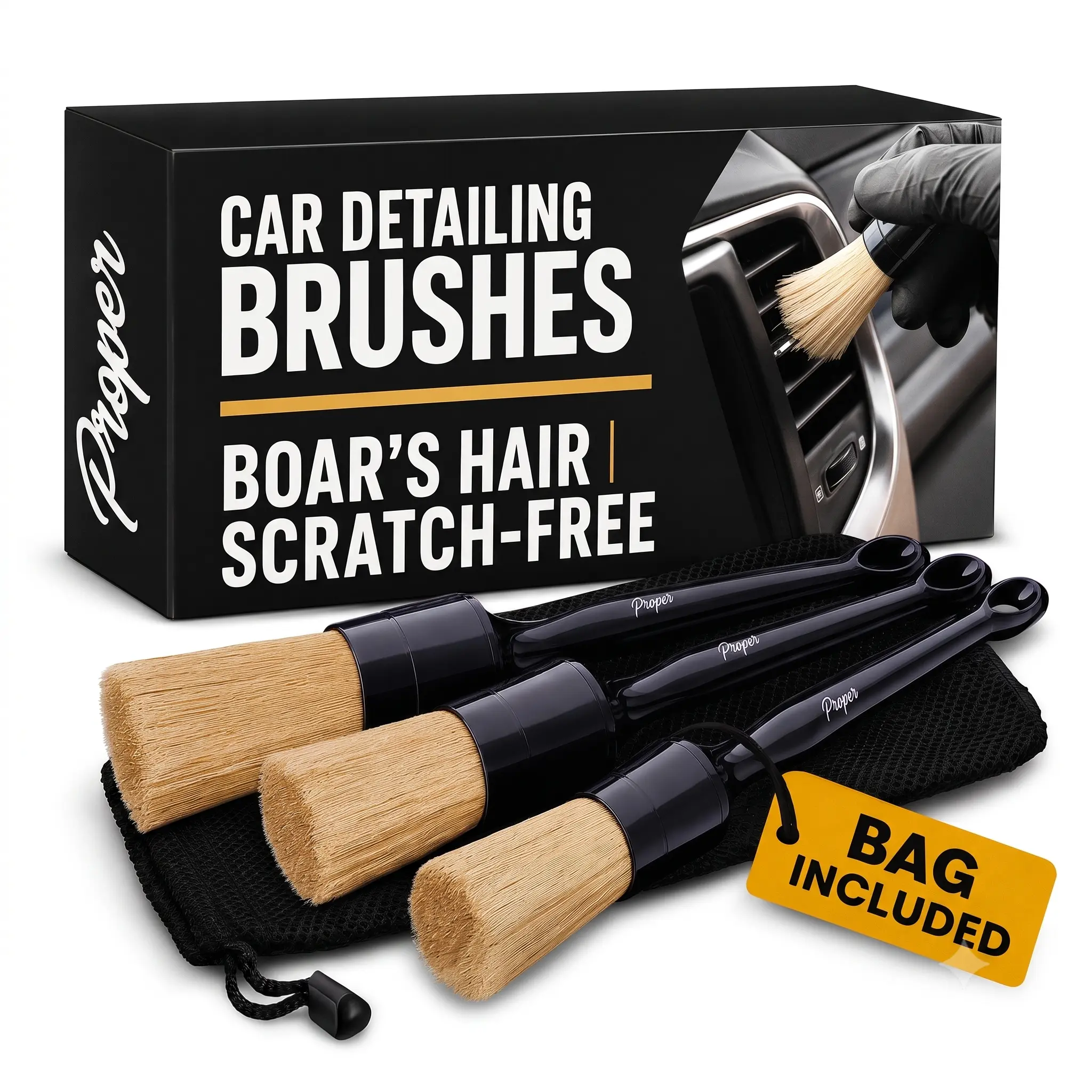 Boars Hair Detailing Brushes 3-Pack Car Detailing Brushes for Cars, Trucks, RV's - Versatile Use Automotive & Motorcycle Car Washing Maintenance Accessories