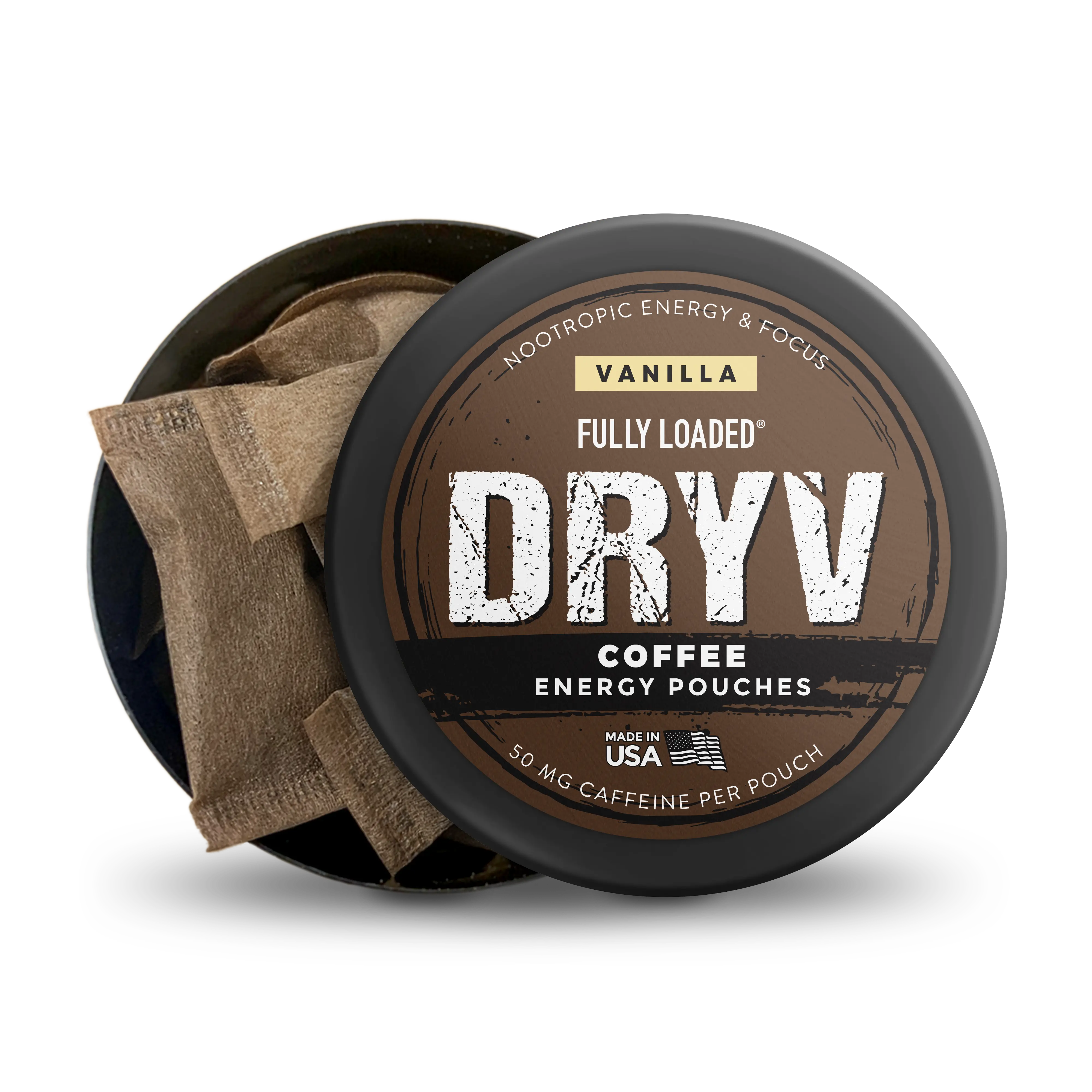 Dryv Energy Pouches Vanilla - 50mg Caffeine, No Sugar, Vitamin B12 - Nootropic Coffee Boost for Mental Focus & Energy - Fully Loaded - United States