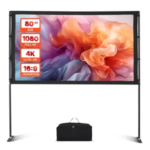 80-Inch Projector Screen with Two Stands for Portable Home Theater, 160-Degree Wide Viewing Angle, 4K HD Ready, 16:9 Aspect Ratio, Matte White Projection Screen, Suitable for Indoor and Outdoor Movie Nights, Easy Setup