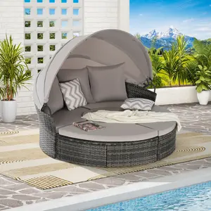5 Pieces Outdoor Patio Round Daybed Furniture,Wicker Conversation Set with Retractable Canopy, Soft Cushions, and Storable Table for Leisure in Porch Backyard