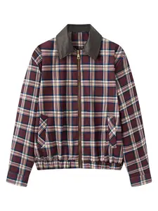 Women's Plaid Loose Fit Lapel Long Sleeve Zipper Front Casual Commuter Short Jacket Coat with Drawstring Hem and Pockets
