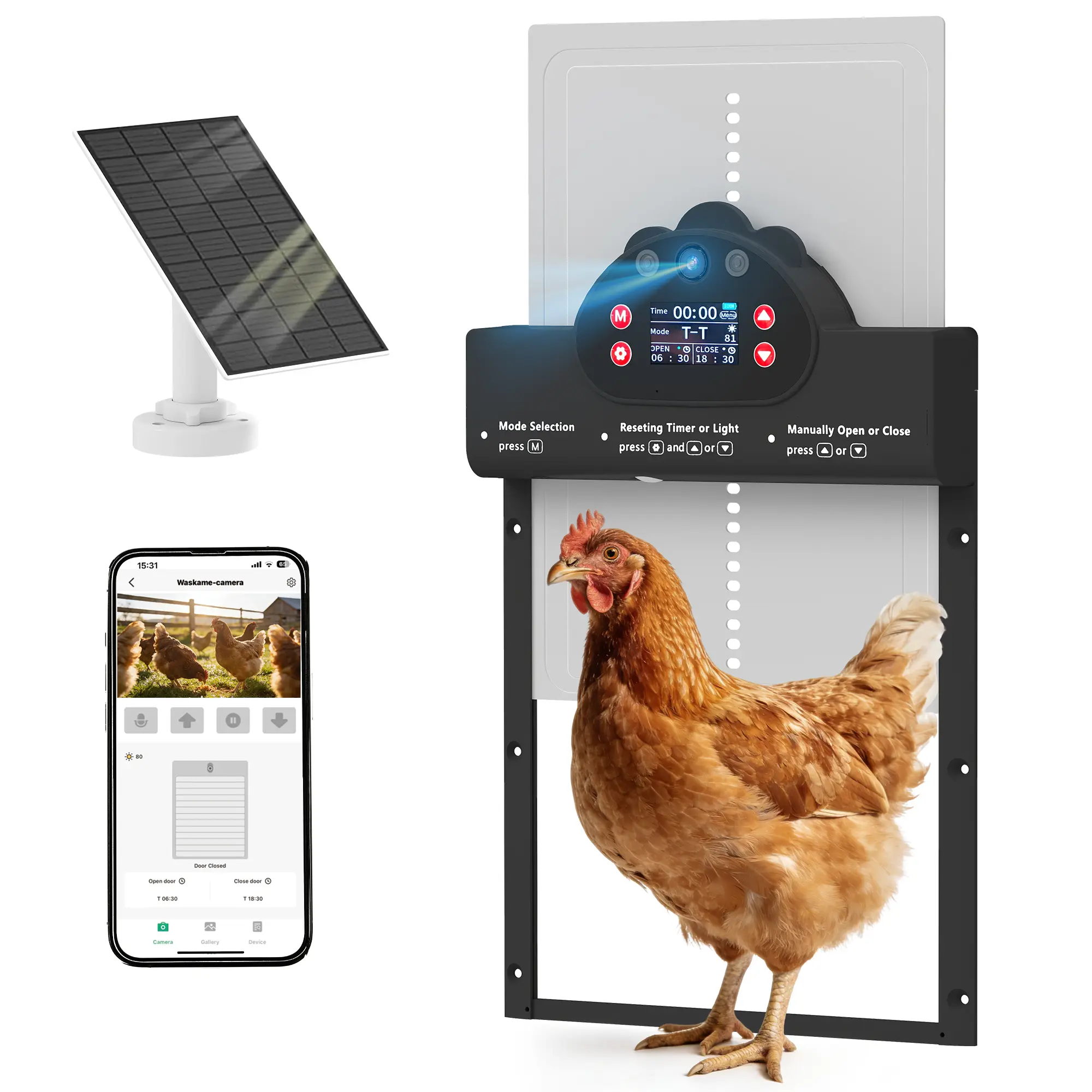 Automatic Chicken Coop Door with 2K HD AI Camera, APP Remote Control, WiFi, Solar Power & 5200 mAh Large Battery - Poultry Cage Accessory