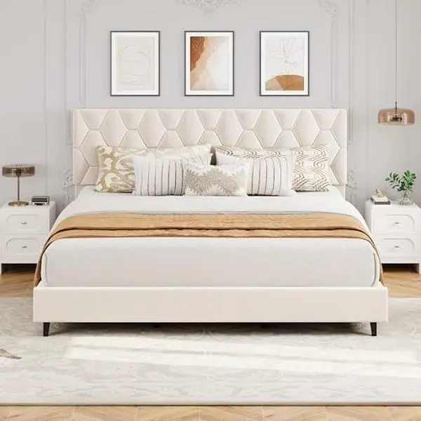 Beige King Bed Frame with Upholstered Headboard, Heavy-Duty Platform Bed Frame with Adjustable Headboard, Strong Wood Slat Support/No Box Spring Needed/Noise Free