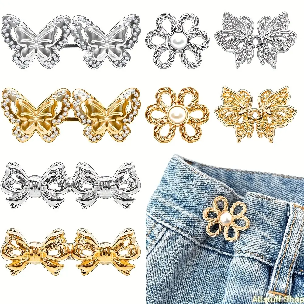 Women's Waist Tightener Button Clips, 8 Pack Gold Flower Decorative Snaps, Adjustable No-Sew Jean Buttons for Pants, Button Clips Snaps