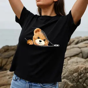 Cute Teddy Bear Zipper Design Women's T-Shirt Fun Animal Print Summer Casual Wear Gift For Friends And Family