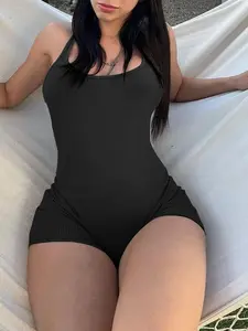 black romper women, Solid Color Jumpsuits, strappy back, backless, criss cross back, bodycon, ribbed knit, sleeveless, fitted short, stretchy, lounge romper, summer outfit, clubwear, Fashion