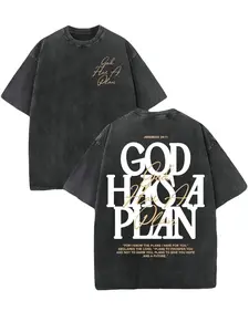Men's Vintage Washed T-Shirt, Dual-Sided Print, 230 Pure Cotton Material, God Has His Own Plan Letter Print, Casual Street Style