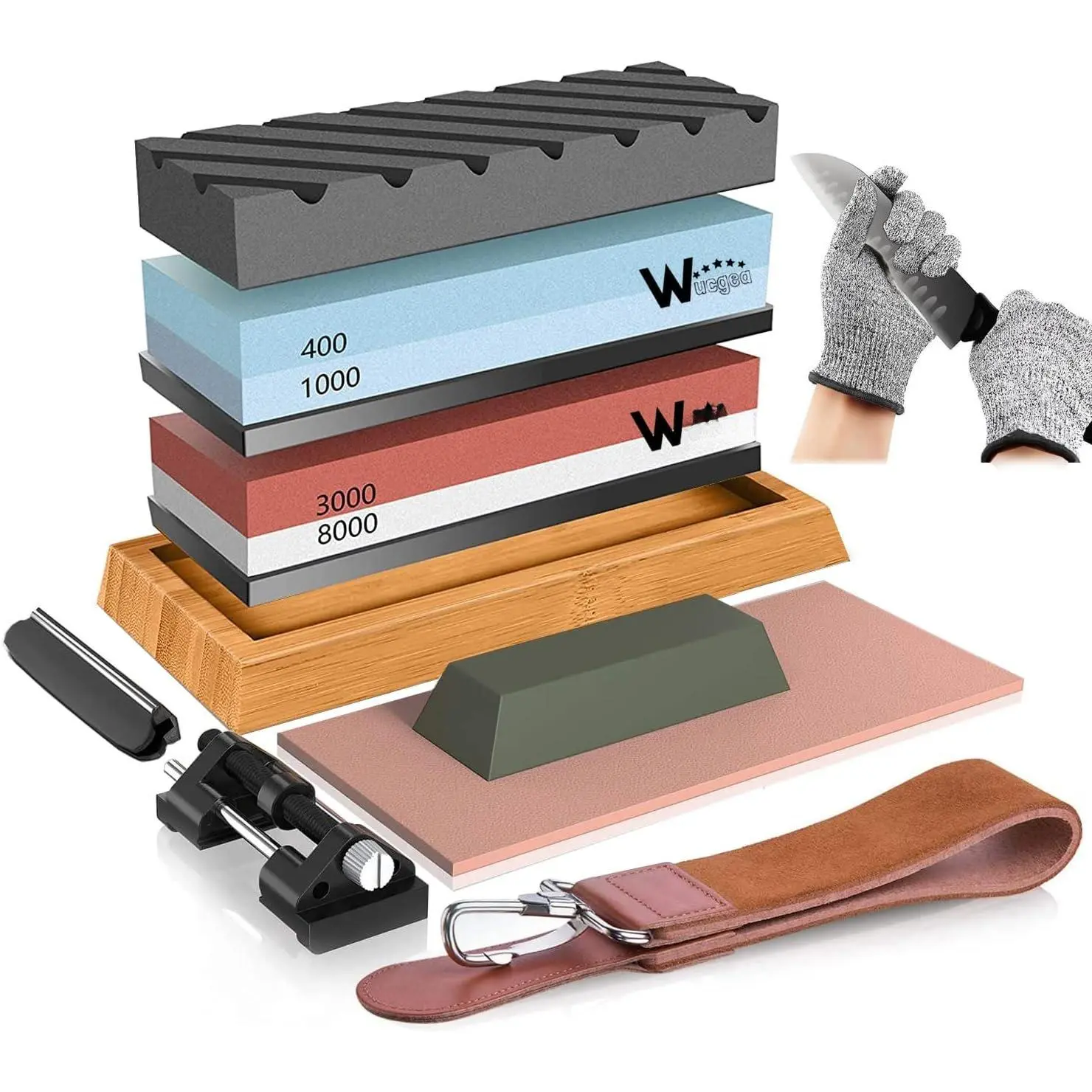Sharpening Stone Kit  400/1000 3000/8000 Grit Wet Kitchen Whetstone  Sharpener Set with Non-slip  Rubber Base, Angle Guide, Flattening, Leather Strop and Cut Resistant Gloves