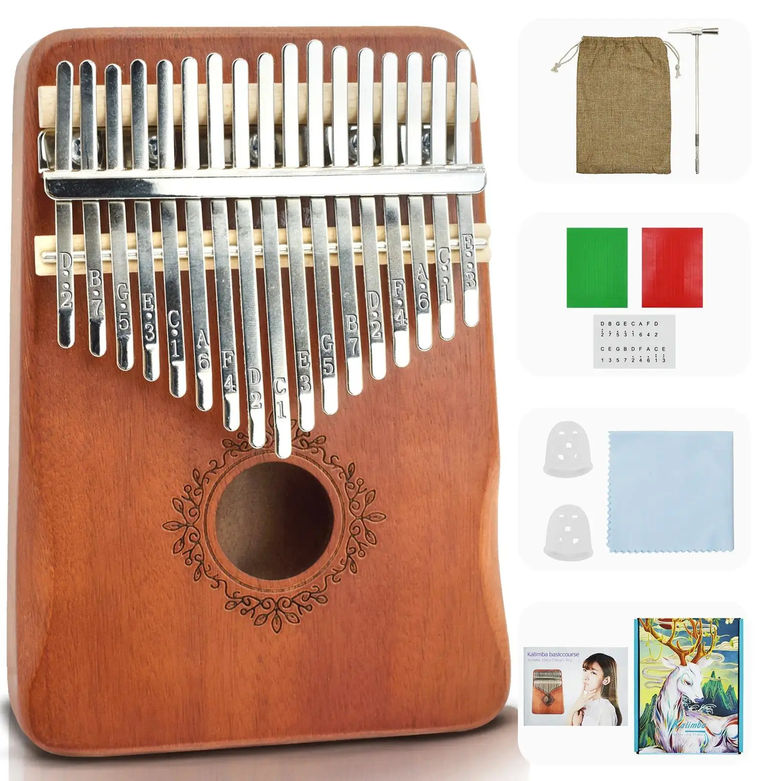 Kalimba Thumb Piano 17 Keys, Portable Mbira Finger Piano Gifts for Kids and Adults Beginners Wood,SummerVibes