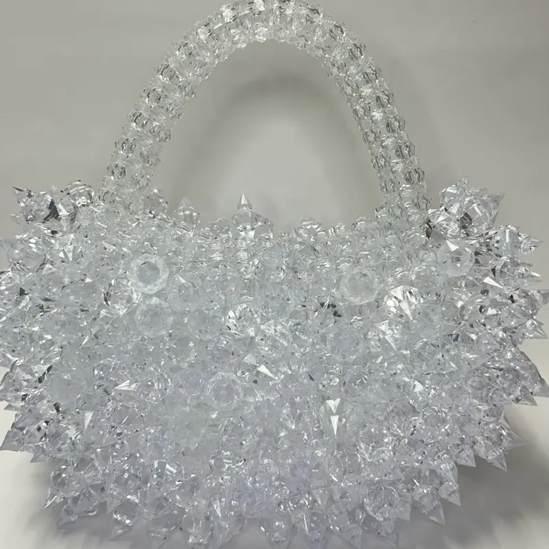 Aurora Woman's Spiky Beaded Handbag, clear white Color, Ideal for every Outfits and Special Events. woman handbag.