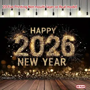 2D Flat, 1pc Happy New Year Party Banner - Golden Glitter Fireworks Decoration with Sparkling "51.46meter Design, Durable Polyester, Perfect for New Year'S Eve, Christmas, and Photo Backgrounds