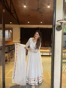 Multicolor Embroidered White Anarkali Gown with Dupatta