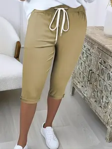 Women's Solid Color Drawstring Waist Crop Pants, Casual Elastic Waist Jogger Pants for Daily Wear, Ladies Bottoms for All Seasons