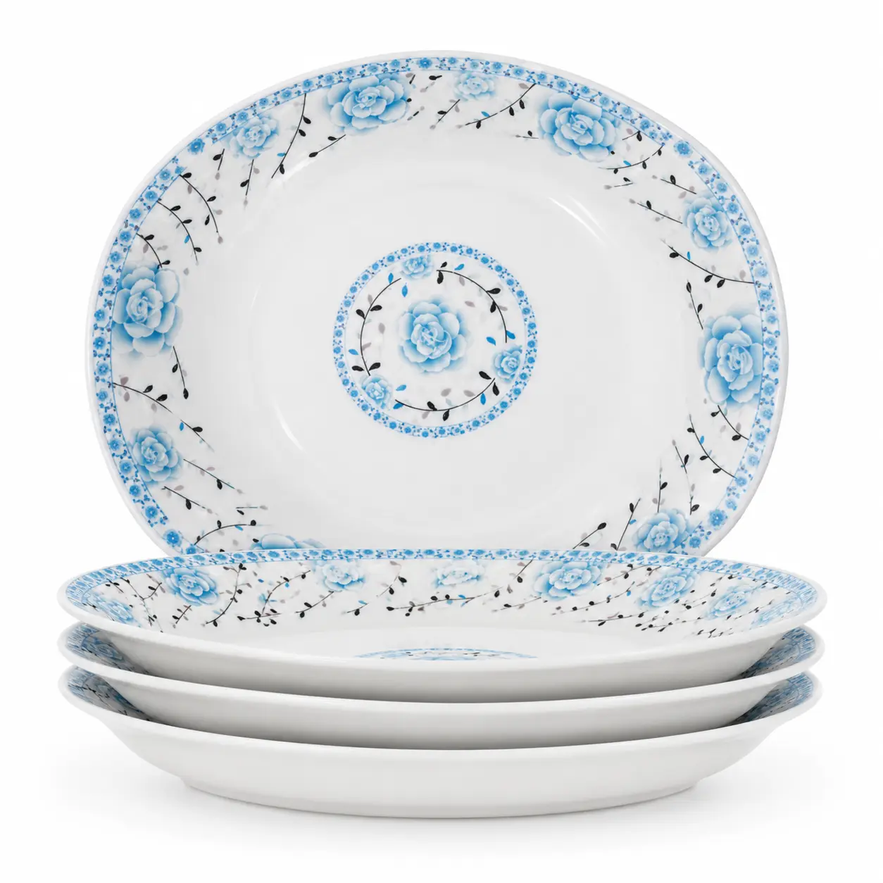Adult 9-Inch BPA-Free Ceramic Print Oval Shape Plates, Set of 4 Scratch-Resistant Dishwasher-Safe Blue Floral Plates for Salad, Daily Meals