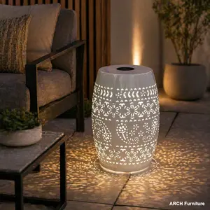 ARCH Iron Solar Power Round Side Table - Patio Dining Table, Built-in Solar Battery, Metal Base, Nighttime Flower Pattern, Eco-Friendly Energy-Efficient Outdoor Furniture for Patios, Gardens (White)