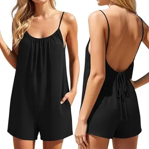 Women's Sports Romper - Summer Spaghetti Strap, Loose Sleeveless, Backless Tie-Back Shorts Jumpsuit for Casual Beach Vacation