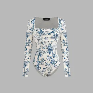Cider Women's Square Neck Floral Ruched Bodysuit