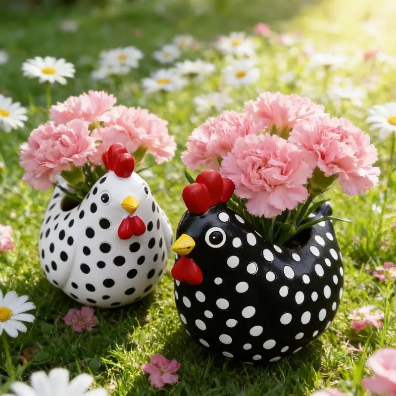 Polka Dot Chicken Planter Pot, Resin Succulent Flower Pot, Cute Plant Pots, Decorative Flower Pot, Desktop Flower Pot, Decorative Garden Pots for Office Desk Setup Makeover and Farmhouse Kitchen, Aesthetic Whimsical Home Ornament Hen Lover Gift Ideas