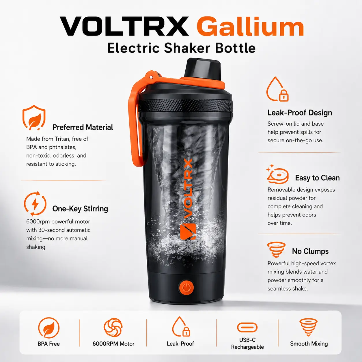 VOLTRX Gallium Electric Protein Shaker Sports Bottle 24 oz Portable USB C Rechargeable BPA Free Tritan, Smooth Texture, Easy to Clean, Waterproof