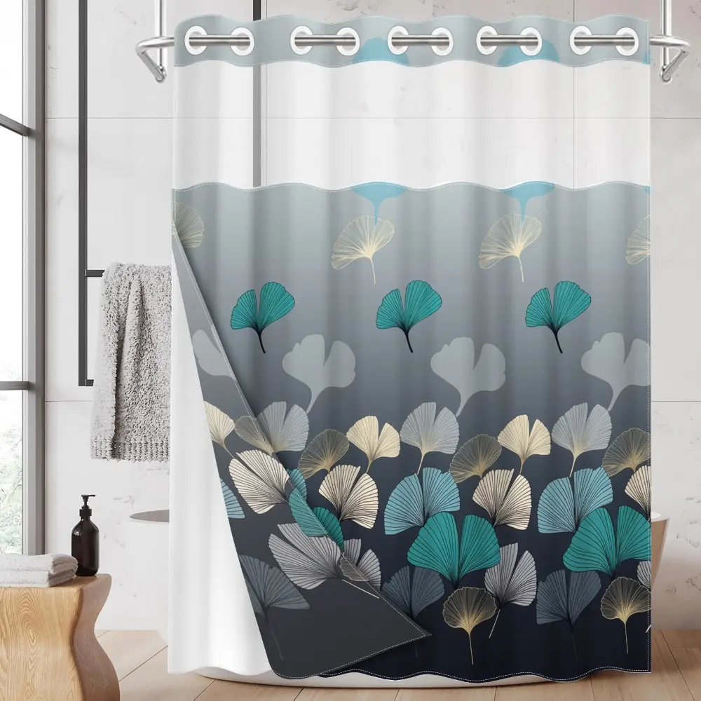 1pc hookless removable Bathroom Shower Curtain with buckle lining, blue, white and gold ginkgo leaf pattern design, 2D flat printing, fabric waterproof lining, see-through double-layer shower curtain, 71 x 74 inches, modern home draping curtain