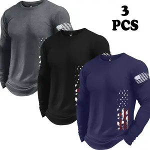 Men's 2026 fashion 3-piece long-sleeved T-shirt, trendy American flag printing, men's clothing tops suitable for all seasons, sports T-shirts suitable for outdoor sports and sports wear, and long T-shirts for boyfriends' preferred temperament.