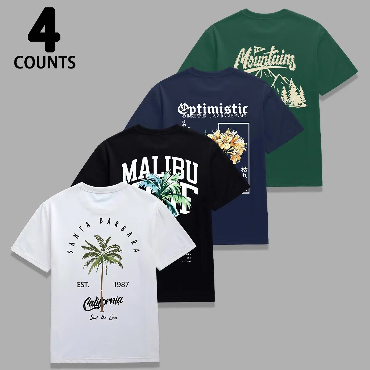 Men's 4-Piece T-Shirt Set, Short-Sleeve Streetwear Tops with Tropical & Floral Graphic Prints, Wrinkle-Resistant Relaxed Fit for Warm Weather, 4-Piece Set 1 Casual Round Neck