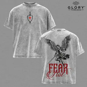 Fear Not Archangel Christian Vintage Washed Oversized T-Shirt, Heavy Cotton Faith Warrior Graphic Tee, Angel Sword Cross Streetwear, Unisex Religious Shirt, Biblical Strength Apparel for Believers