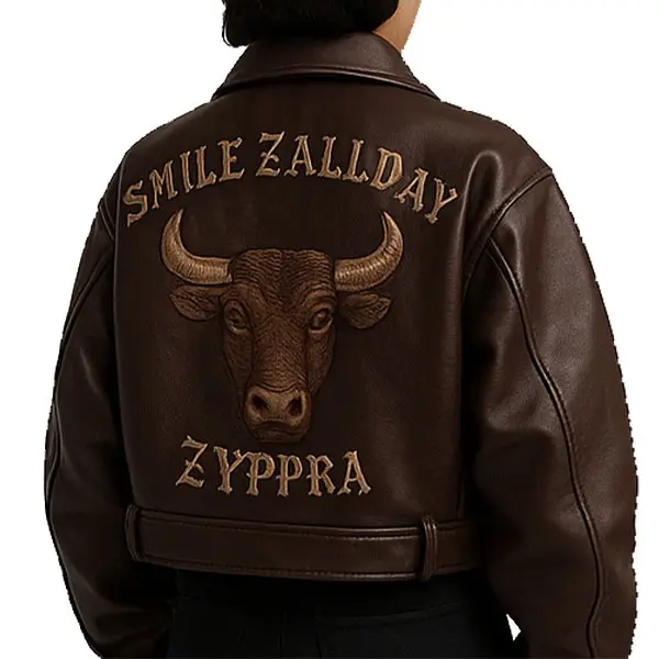 Women's Cropped Brown Leather Jacket with Bull Embroidery & Belt Detail – 'Smile Zallday' Edition