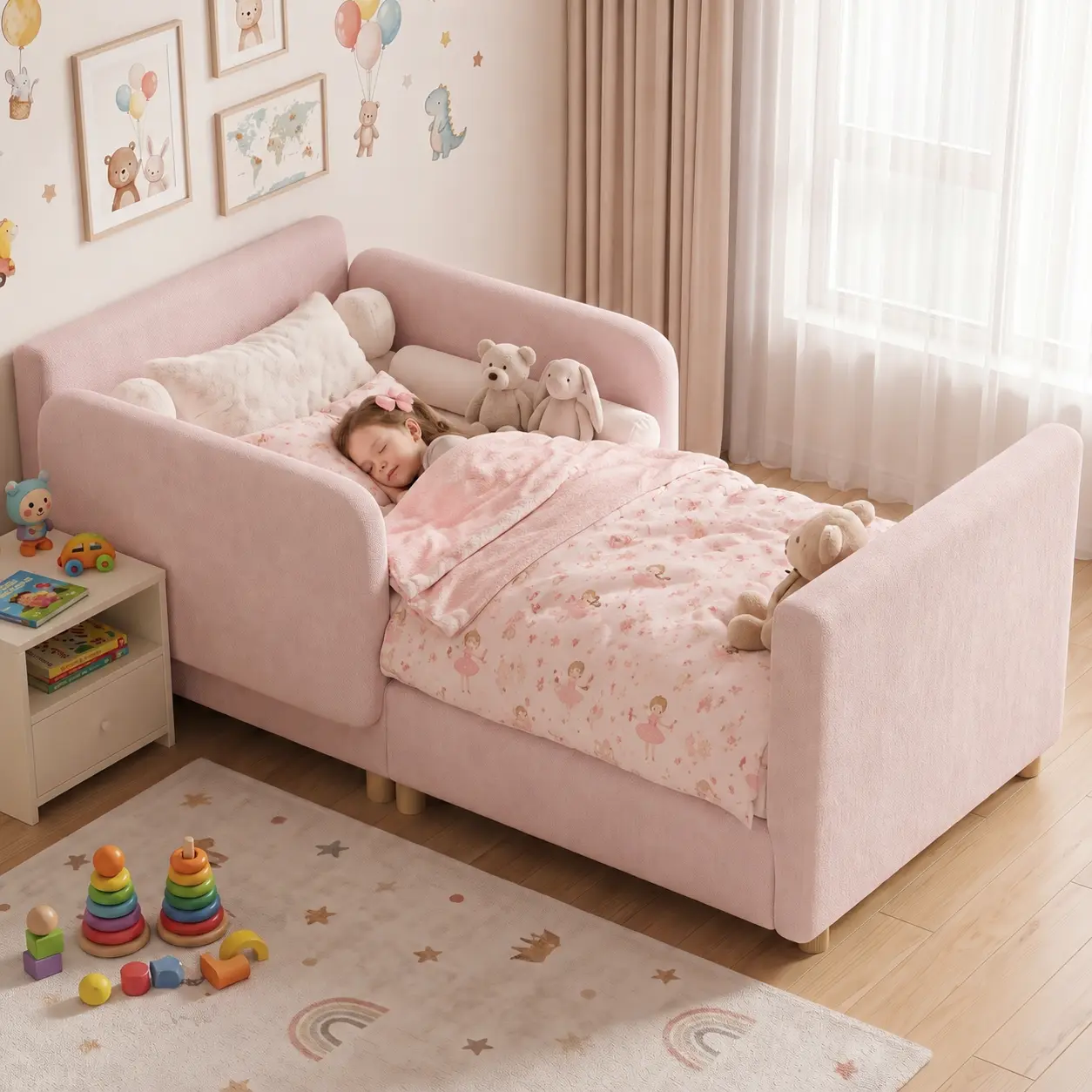 Lilypelle 3-in-1 Kids Sofa Bed, Convertible Toddler Bed with Removable Side Rails, Upholstered Daybed Couch for Kids Bedroom, Crib Size Frame with Soft Chenille Fabric
