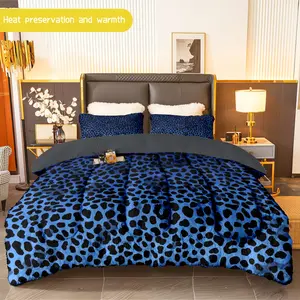 3pcs (1 comforter + 2 pillowcases) Blue Cheetah Print Flannel & Milk Velvet Comforter Set, Ultra - Soft and Warm Bedding Set for Adults, Cozy and Trendy Bedding Essentials