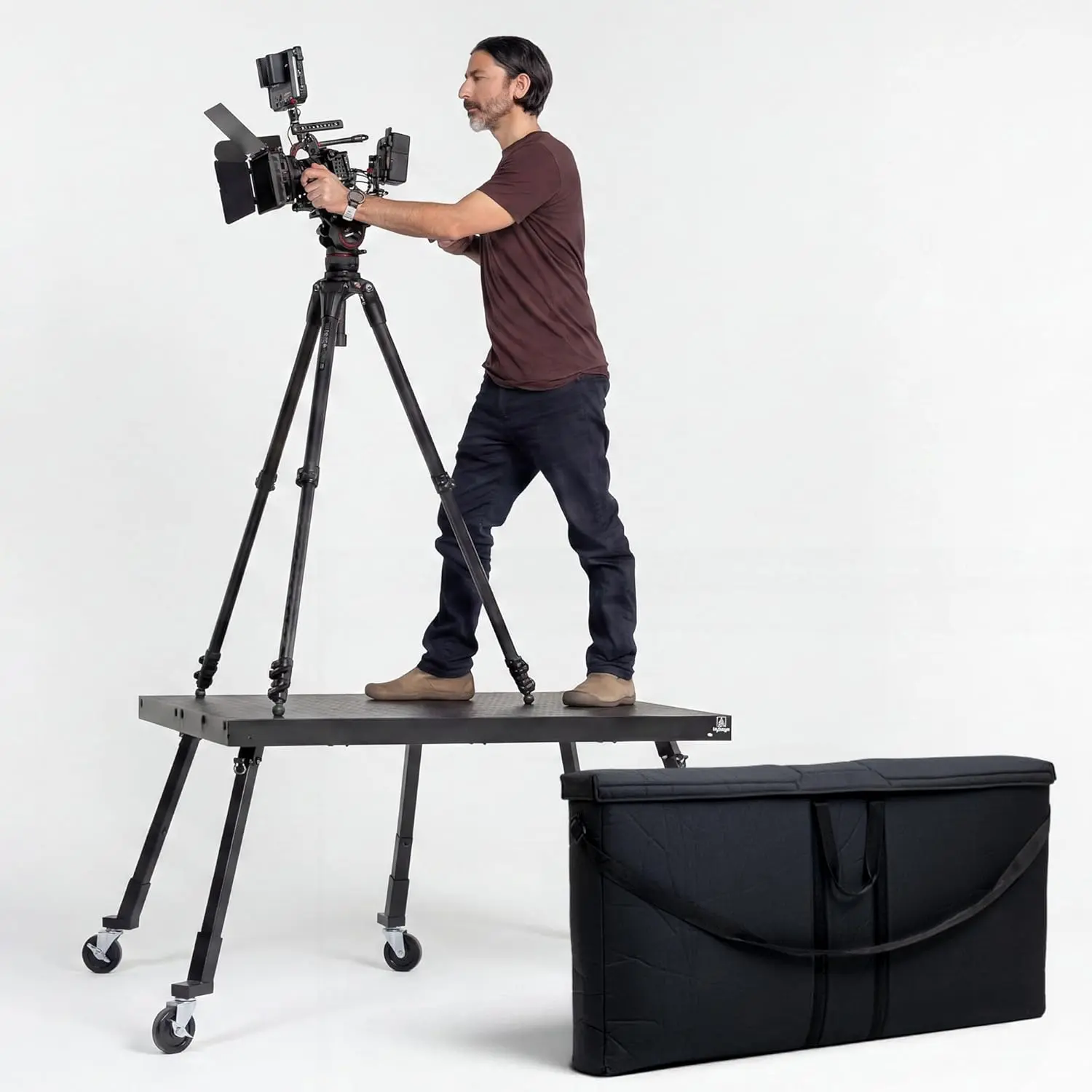 4x4 Rolling Camera Riser Platform with 17"-28" Castor Wheels/Biggie Legs 26-36" & Gear Bag, Mobile Video Tripod Stage, Anti-Vibration Rolling Studio Platform for Broadcast Crew, Heavy Duty Director Pod