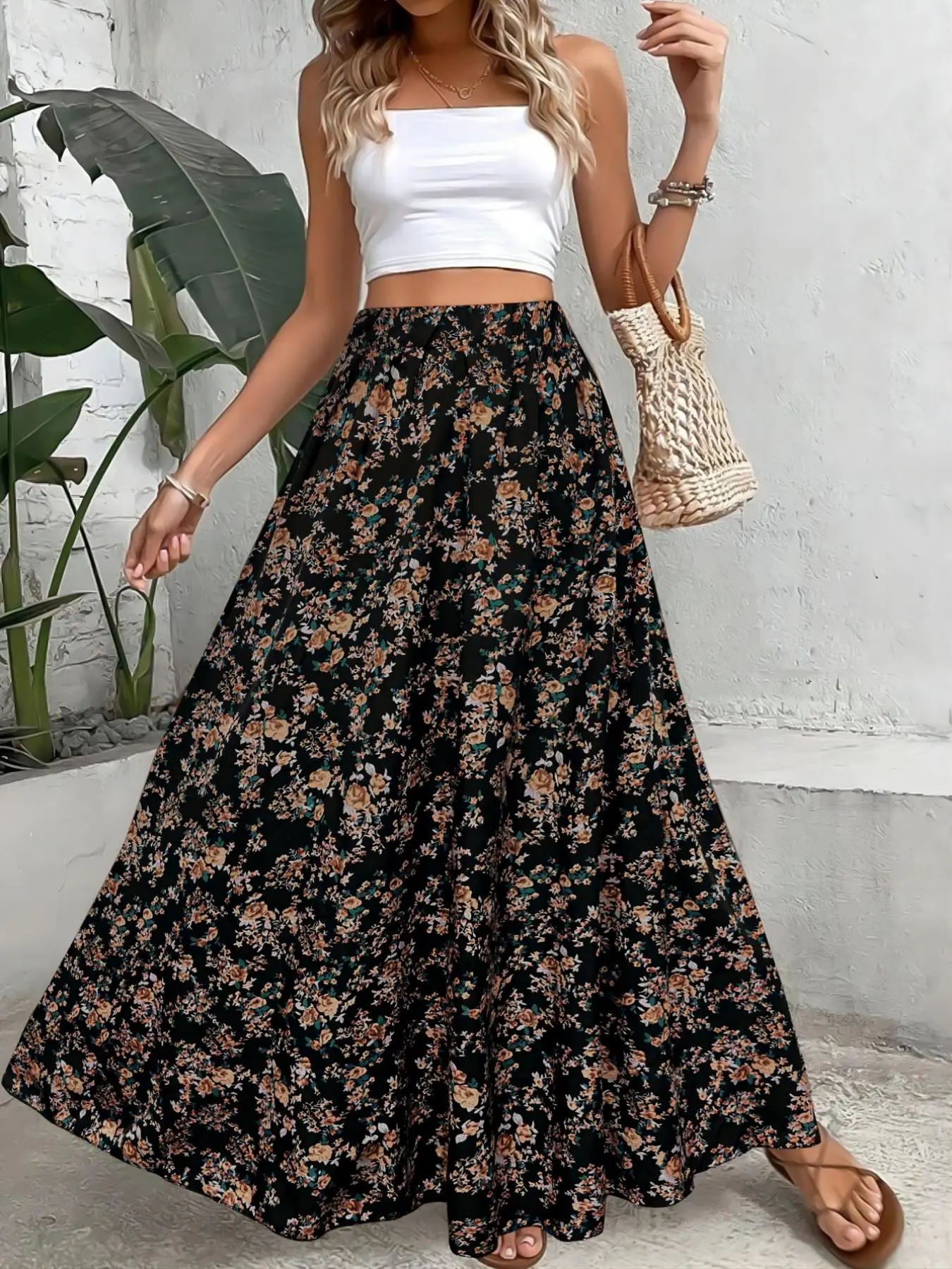 Women's Ditsy Floral Print Elastic Waist A-Line Bohemian Chic Skirt, Boho High-Waisted Long Skirt for Beach Vacation, Ladies Spring Clothes, Fall Aesthetic Skirt, Womenswear