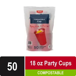 Party With A Purpose Compostable Disposable Cups 18 oz Red 50 Count Eco-Friendly Party Supplies