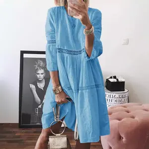Womens Lace Eyelet Embroidery Dresses 3/4 Trumpet Sleeve Crochet Spliced A Line Flowy Boho Midi Dress