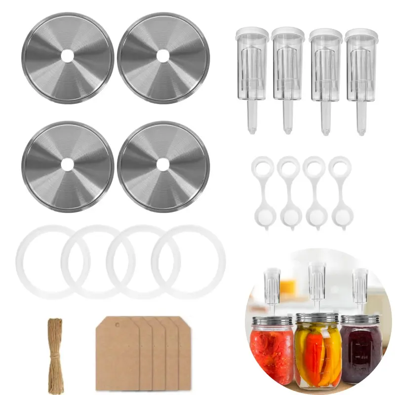 4 set wide mouth Mason jar fermentation lid kit, including 4 stainless steel fermentation lids, 4 air locks, 4 silicone rings, 4 silicone washers, with 50 labels & 50 hemp ropes, a complete Mason jar fermentation kit for brewing and fermentation (no jar)