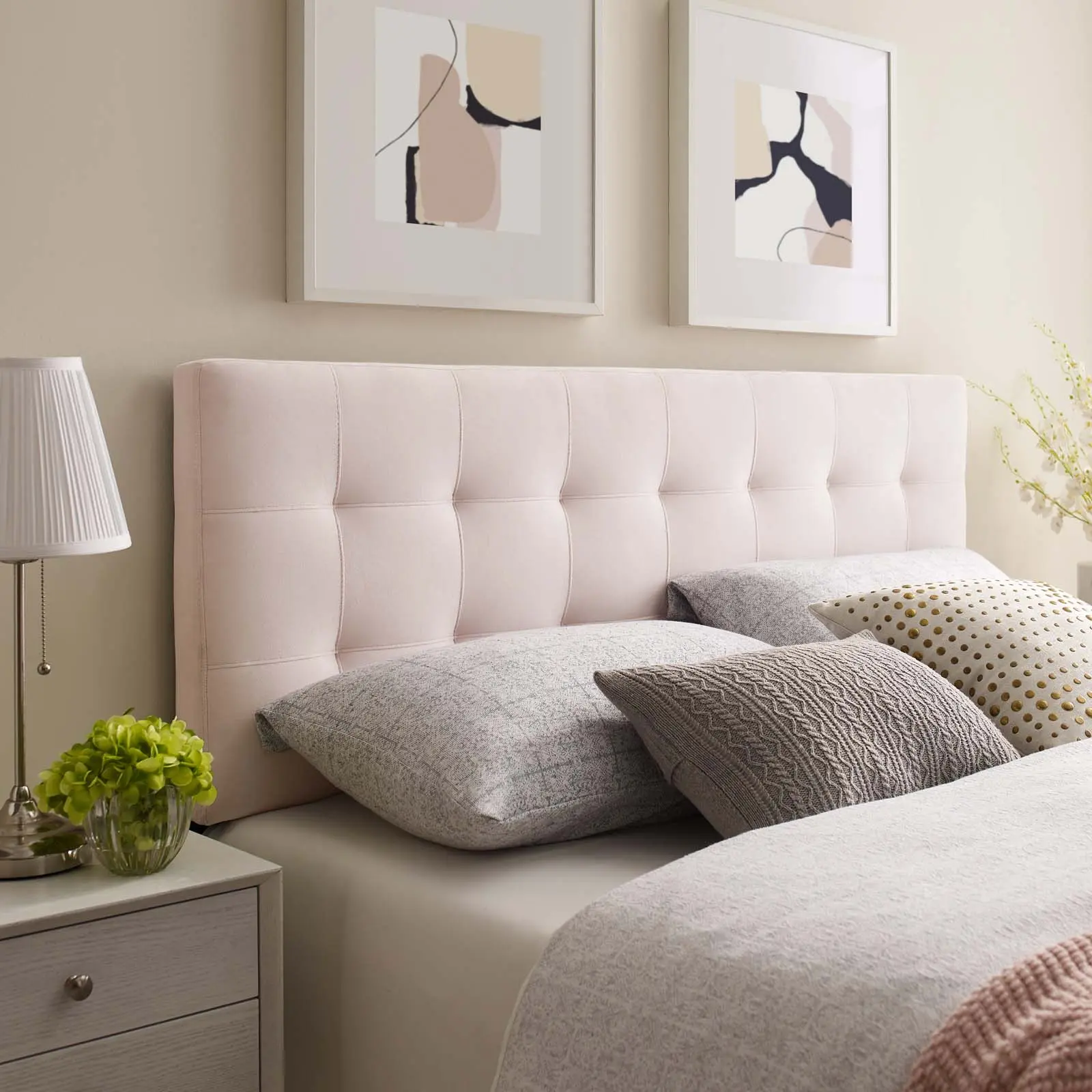 Modway Lily Queen Fabric Upholstered Headboard - Biscuit Tufted, Performance Velvet, Pink Upholstered Tufted Headboard