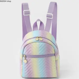 Women's Pastel Rainbow Quilted Chevron Mini Backpack - Adjustable Purple Straps, Gold Zippers, Backpacks for School, Everyday Use