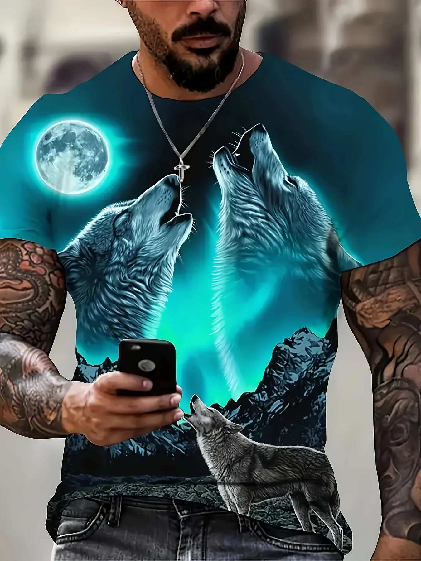 Men's 3D Printed Wolf Pack Mountain Night Scene T-Shirt - Vivid Howling Wolf and Full Moon Pattern, Casual Streetwear Short Sleeve Crew Neck Top, Machine Washable Four Seasons Outdoor Daily Wear Round Neck Menswear