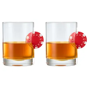 Poker Chip Whiskey & Wine Glasses | Set of 2 | Up The Ante Stuck In The Glass Poker Chip Cocktail Glassware, Gambler Gift, Artisanal Crystal Glassware - Gift Idea for Him, Fall, Housewarming (20 OZ)