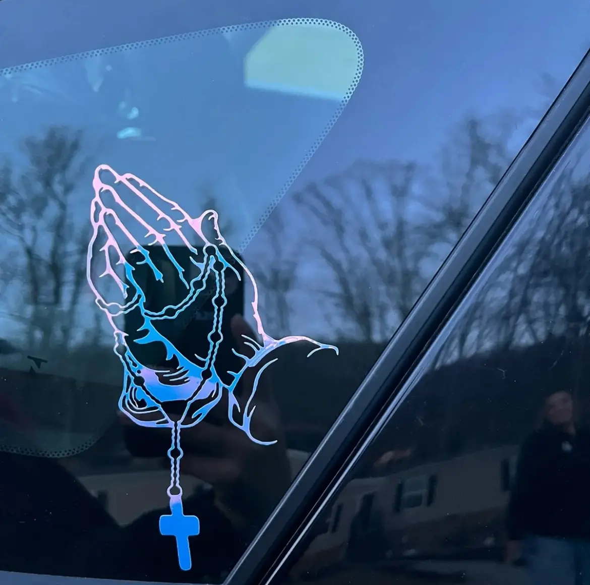 RAVOONY Christian Cross Car Exterior Decorative Sticker Elegant Praying Hands Rosary Gesture Laser Sticker Waterproof Vinyl Decal 7x4.3inches for Cars Walls Bicycles Laptop Easy Application Stylish Car Merch Accessories summerwins