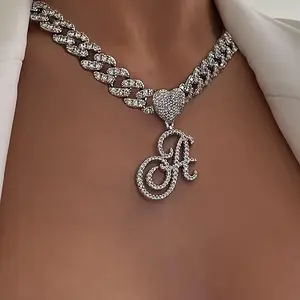 1 Piece Unique Initial Heart Shaped Letter Pendant Necklace - Silvery Cuban Chain Ice Rhinestone Hip Hop Gift for Men and Women - Perfect Personalized Accessory for Any Occasion